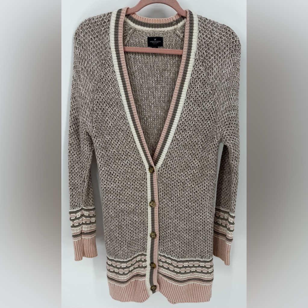American Eagle Open Front Knit Cardigan With Button Closure & Striped Hem
